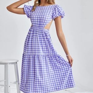 Puff Sleeve CrisCross Back Gingham Plaid Dress